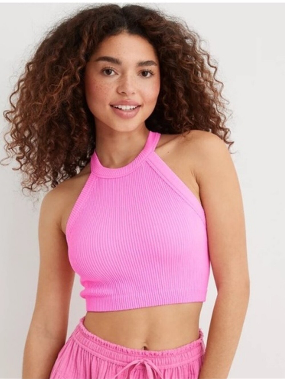 aerie Hot Pink Seamless High Neck Crop Top